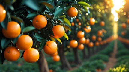 Fresh oranges growing on tree branches in a sunlit orchard with rich soil and greenery, perfect concept for farming, organic produce, and healthy lifestyle visuals


