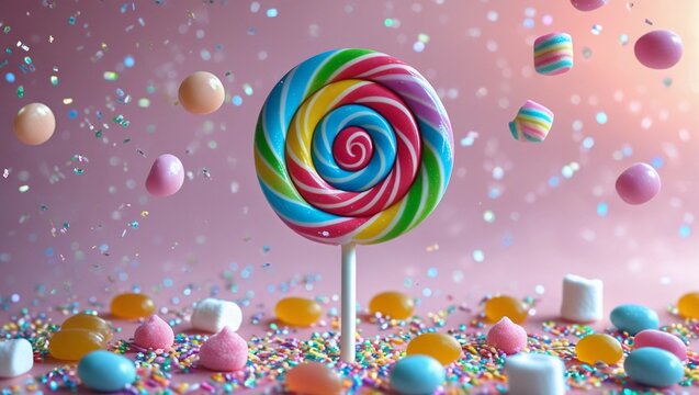 A vibrant swirly rainbowcolored lollipop