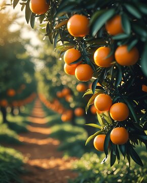Orange orchard with ripe citrus fruit hanging from lush green trees in warm sunlight, creating a peaceful and vibrant natural agricultural scene at harvest time

