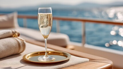 Elegant Champagne Glass on a Nautical Table with Beautiful Ocean Background and Soft Lighting Effects