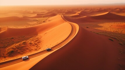 Aerial View of Two Cars Driving on a Winding Road Through Majestic Orange Sand Dunes at Sunset