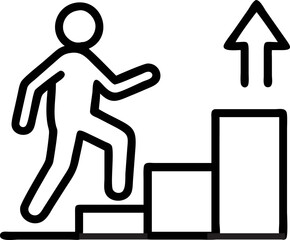 stick figure is climbing stairs with upward arrow, symbolizing progress and growth. simple black and white design conveys motivation and ambition