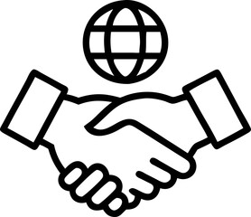 black and white icon depicts two hands shaking beneath globe, symbolizing global cooperation and partnership. simple design conveys unity and collaboration
