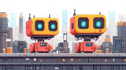 Two colorful robotic characters with large eyes stand on a futuristic cityscape background