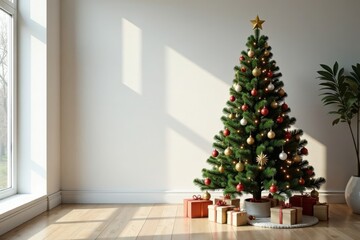 Minimalist Christmas tree in a modern home interior, interior, holiday