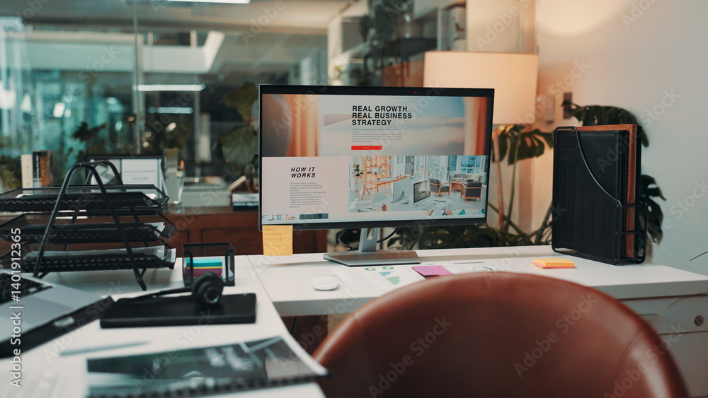 Poster Empty office, computer and monitor on desk for business strategy, call center and digital display. Interior, workplace and screen on table with pc for company growth info, website or customer service