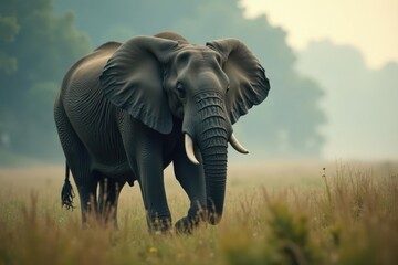 Fototapeta premium Large bull elephant walks through tall grass in foggy morning, grass, wildlife