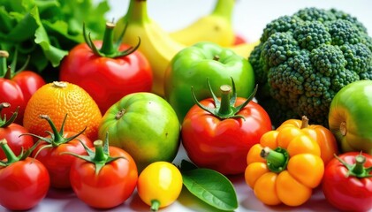 Variety of organic fruits & vegetables, isolated , vegan, healthy eating, colorful