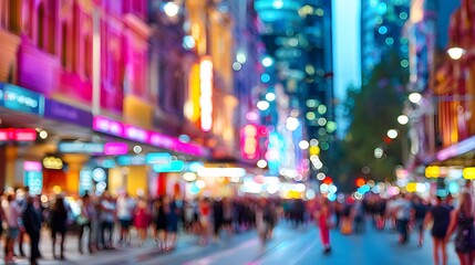 Vibrant Nightlife Scene in Urban City with Blurred Neon Lights and Crowds Enjoying the Atmosphere