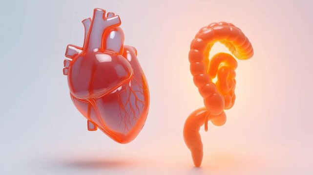 the gut-cardiac axis using a 3D translucent model of the human heart and digestive system in glowing orange tones, emphasizing their physiological connection