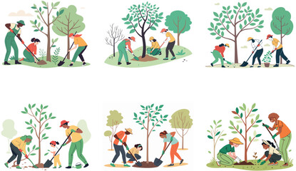 Fototapeta premium Flat Illustration of Eco-Friendly Activities and Tree Planting for Environmental Awareness.
