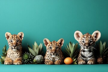 Three adorable leopard cubs lounge amongst tropical foliage, set against a vibrant teal background