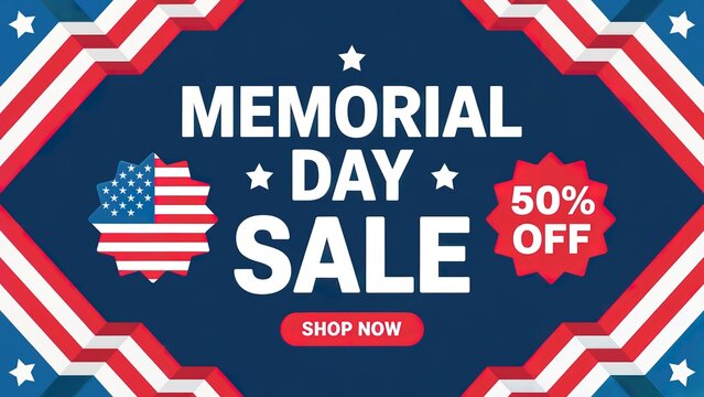 Modern Memorial Day Sale advertising banner featuring bold text, a 50 percent off discount graphic, stylized American flag elements, and a shop now button on a patriotic blue background. - Powered by Adobe
