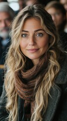 Woman with flowing blonde hair wearing a brown scarf, sitting in a crowd