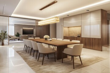 Modern meeting room with wooden table and beige chairs in a contemporary office interior design rendered in 3D