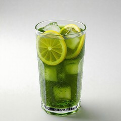  a cup of iced green tea with lemon slices and ice cubes, with condensation on the glass. 