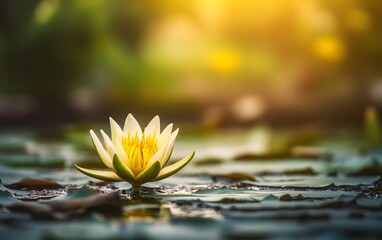 Serene White Water Lily in Golden Sunlight Pond