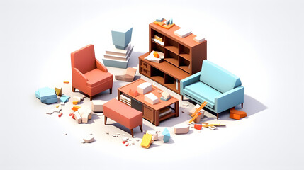 Furniture damaged colorful isometric 3D