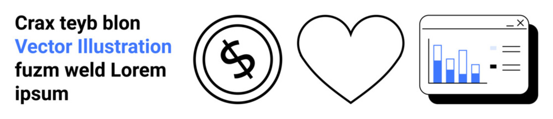 Dollar coin, heart, and data chart icons in outlined style. Ideal for finance, emotions, analytics, business, technology, relationships abstract line flat metaphor