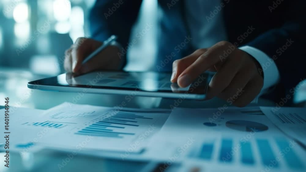Poster analyzing financial data: a close-up shot of a businessman's hands meticulously reviewing financial 