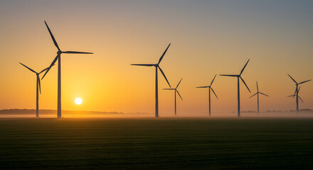 Wind Turbines in Green Field at Sunrise with Diagonal Composition