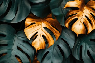 Golden leaves amidst lush, dark foliage create a vibrant, luxurious contrast