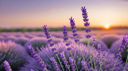 Obraz premium Close-up of lavender flowers in full bloom at dawn, showcasing natural beauty, tranquility, and peaceful rural scenery in a fragrant floral landscape during golden hour