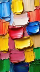 An arrangement of thickly applied paint creates an abstract, textured surface. Vivid hues blend together
