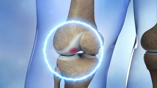 Orthopedics, bone treatment, knee articular cartilage injury, joint repair, 3D animation rendering