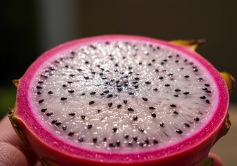 Sliced Dragon Fruit Close-up Showing Seeds and Pink Rind in Hand