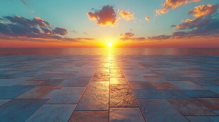 Ocean sunset view from a tiled platform, reflecting light off the water and tiles