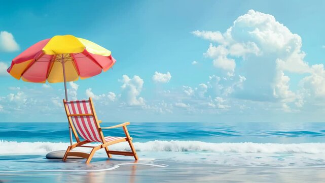 Empty beach chair and umbrella by ocean with waves and clouds, tropical summer motion footage for travel, vacation or relaxation scenes