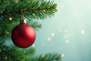 Fototapeta premium Red and green ornamented sphere hanging from a branch amidst festive evergreen branches, tree decor, Christmas decoration, evergreen branches