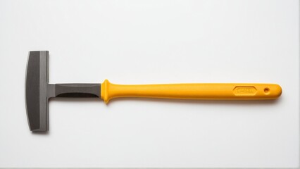 A Yellow Handled Brick Hammer, A Tool for Shaping and Working with Stone, Set Against a Clean White Background.