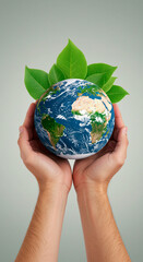 Hands holding Earth globe with green leaves, symbolizing nature conservation and environmental responsibility.