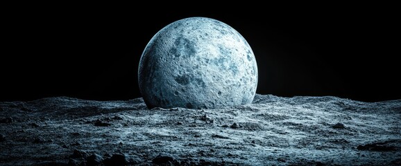A large, round planet on a textured surface against a black backdrop