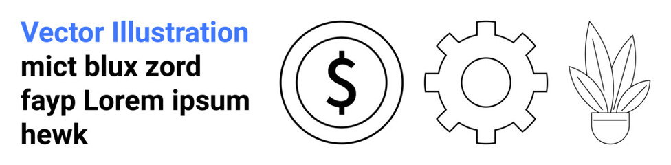 Dollar sign coin, gear symbol, and potted plant for financial balance, productivity, and growth themes. Ideal for finance, business, productivity, eco-friendly design sustainability startup