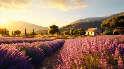 Idyllic Lavender Fields at Sunset with Farmhouse in Provence