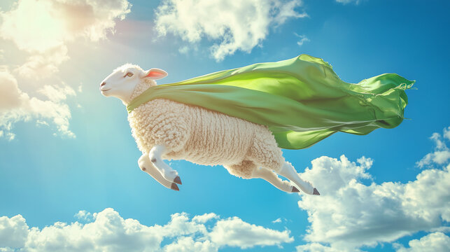Funny flying sheep with green superhero cape in blue sky for creative Eid al-Adha and Qurban celebration concept
