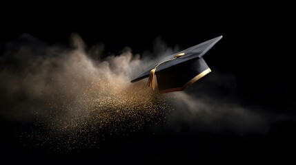 Black graduation cap with gold tassel floating above golden dust cloud on dark background