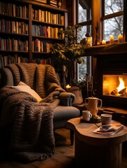 Cozy Winter Evening by the Fireplace with Books and Warm Drinks