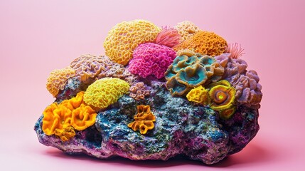 Vibrant coral reef cluster on pink studio backdrop