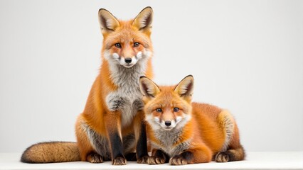Obraz premium A Pair of Auburn Foxes: A Mother and Cub Posing in Front of a Neutral Background.