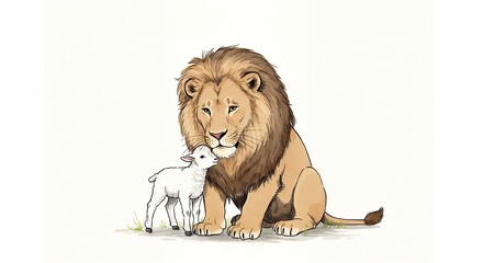 Gentle lion and lamb illustration peaceful coexistence