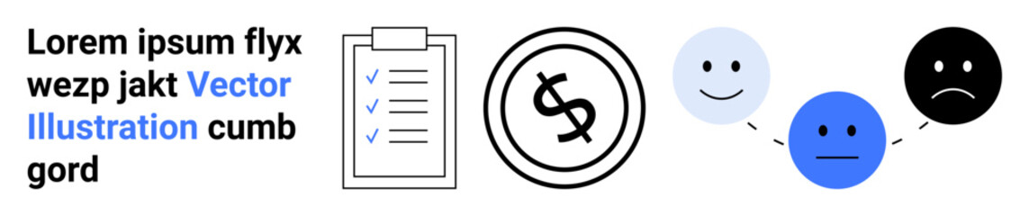 Checklist on clipboard with financial symbol alongside colored emoticon faces showing emotions. Ideal for finance, decision-making, feedback, analysis, planning, surveys, psychology. Abstract line