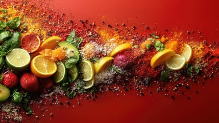 Vivid arrangement of fruit, herbs, spices on a crimson backdrop, creating a flavorful, vibrant texture