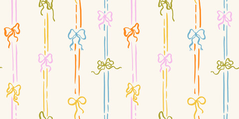 Seamless pattern with doodle bows and lines. Trendy vertical stripe background. Hand drawn vector illustration. Coquette wrapping paper, wallpaper, social media cottage core banner.