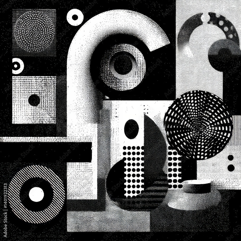 Poster geometric abstract composition in black and white with circles, squares, arches, and dot patterns