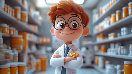 3d illustration, cute cartoon pharmaceutical advisor showing new medicine,stock photo