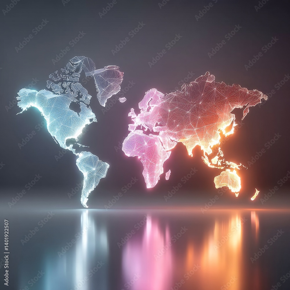 Leinwandbilder global illumination: a neon world map projected with a geometric pattern and a reflective surface